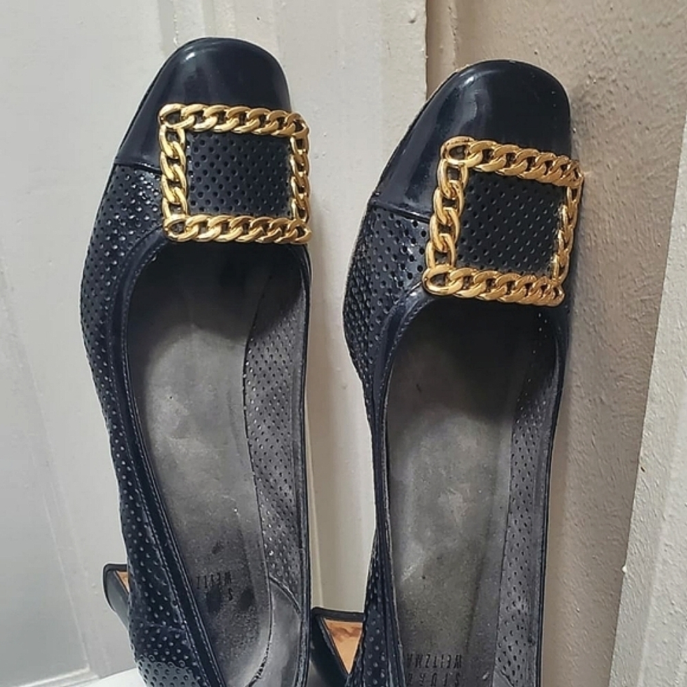 Stuart Weitzman Patent Leather Gold Crested Heeled Pumps Shoe BlueBlack 8.5 🌴✌️ - Picture 10 of 13